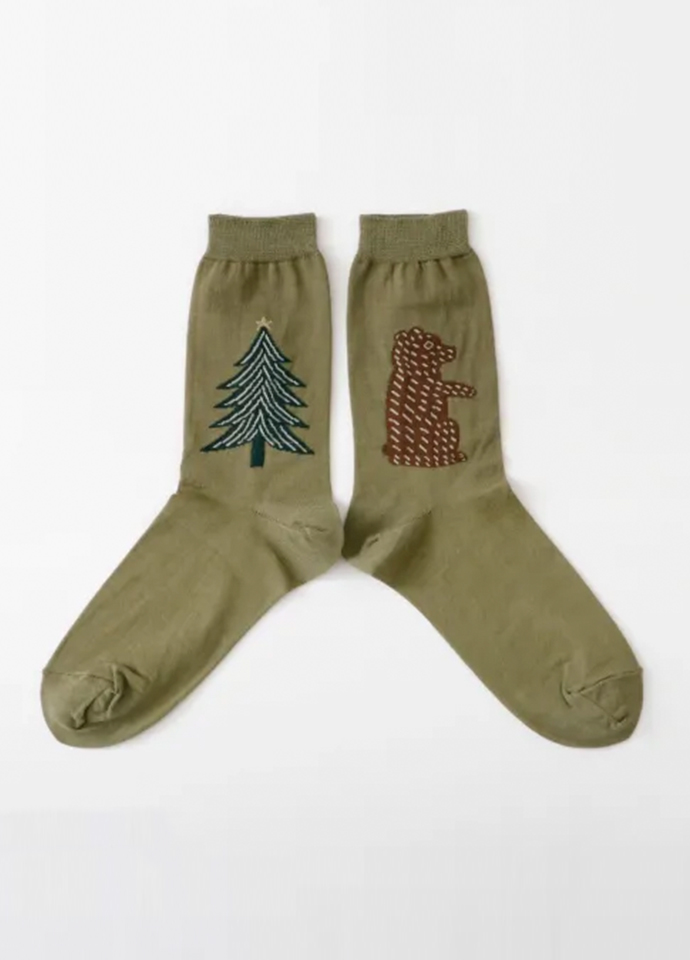 Forest Bear & Pine Tree Mid-Calf Socks